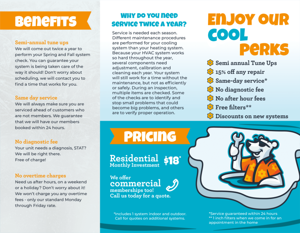 Pacific Heating and Air Conditioning Big Blue’s VIP Plan benefits and pricing details, highlighting perks like semi-annual tune-ups, same-day service, and no overtime charges