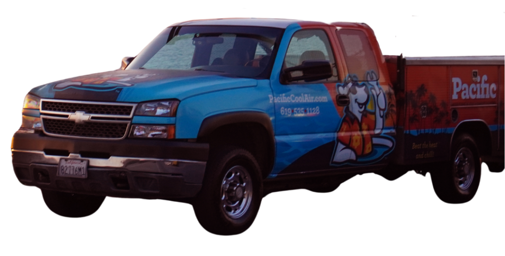 Pacific Heating and Air Conditioning branded service truck with colorful company graphics and contact information.